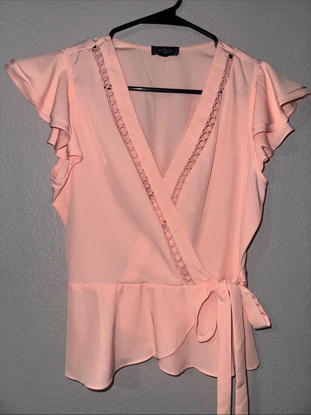 Light Pink Wrap Blouse with Eyelet Trim and Ruffle Sleeves